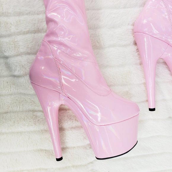 Sexy Thigh High Platform Boots Baby Pink Hologram - Picture 8 of 9